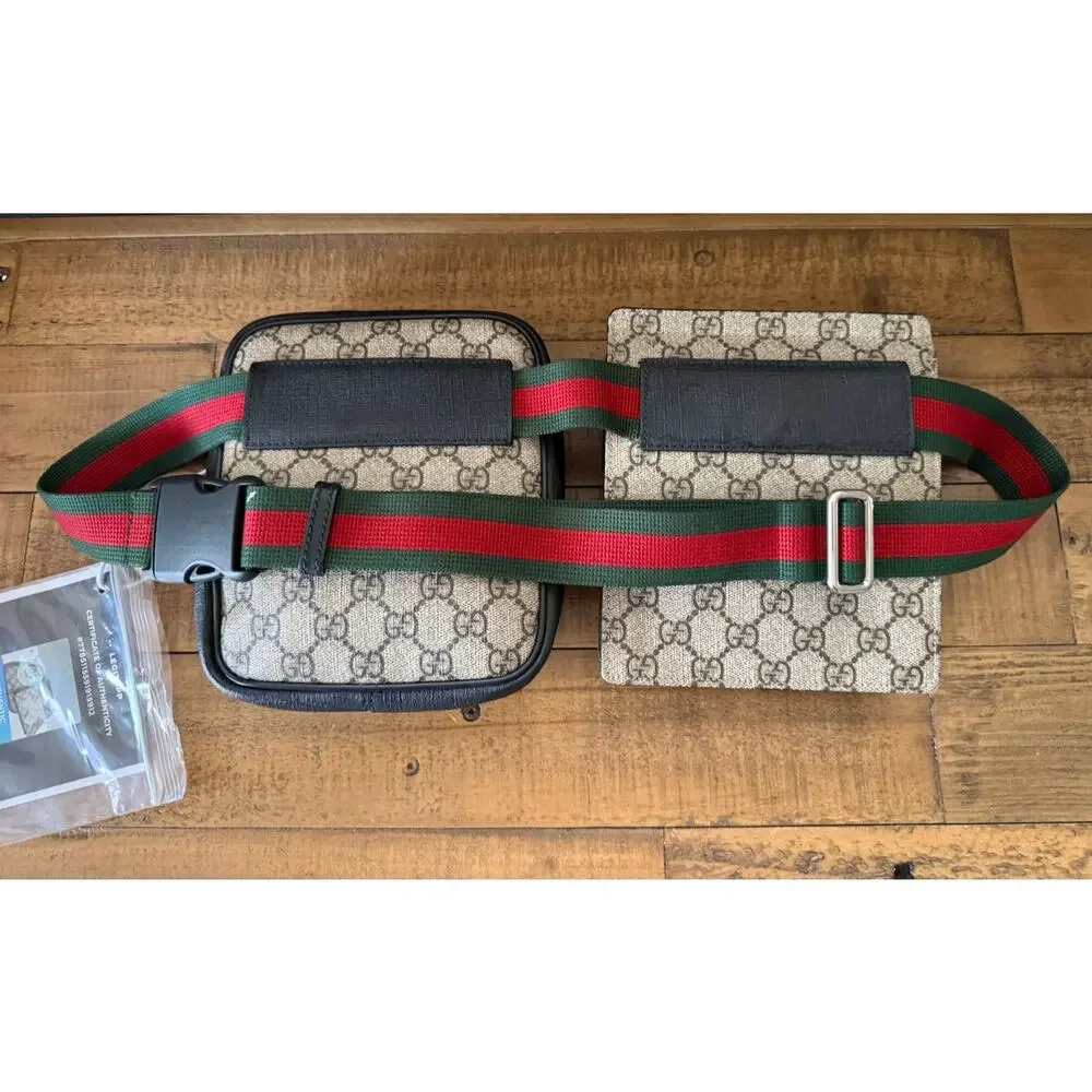 Gucci GG Supreme Double Web Belt Bag Men's Brown Canvas Italy Crossbody W/COA